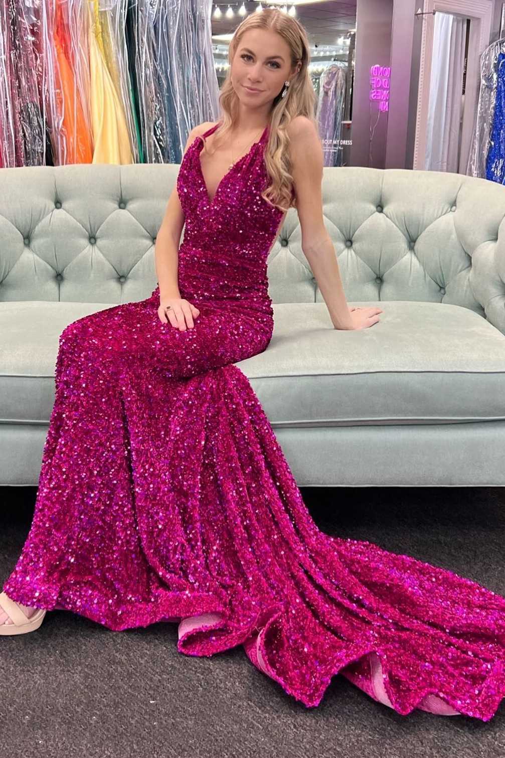 Blue Sequin V-Neck Cross-Back Mermaid Long Prom Dress