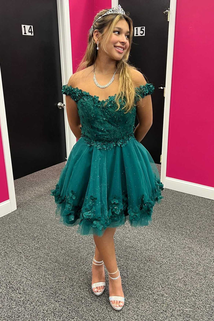 Off-the-Shoulder Emerald Appliques A-Line Homecoming Dress