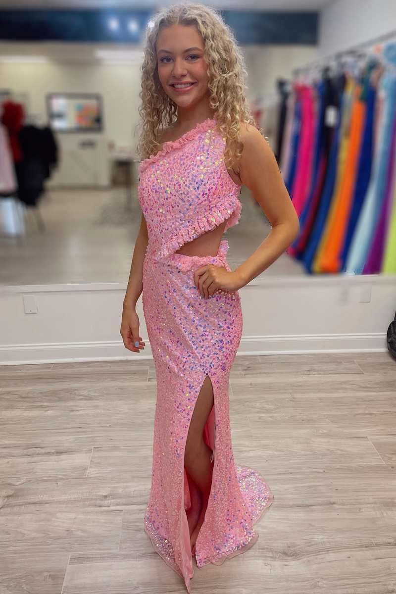 One-Shoulder Sequin Ruffles Cutout Long Prom Dress with Slit