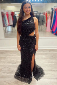 One-Shoulder Sequin Ruffles Cutout Long Prom Dress with Slit