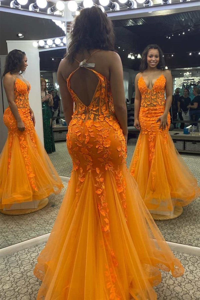 Orange Appliques V-Neck Backless Mermaid Long Prom Dress