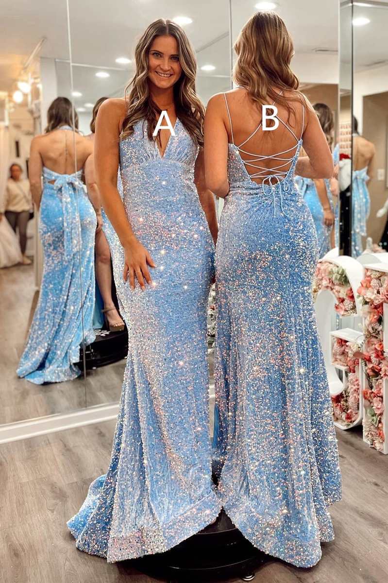 Blue Iridescent Sequin Mermaid Long Prom Dress