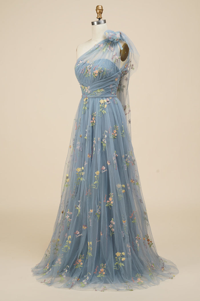 Blue-Grey Floral Embroidery One-Shoulder A-Line Prom Dress