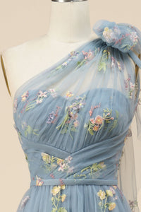 Blue-Grey Floral Embroidery One-Shoulder A-Line Prom Dress