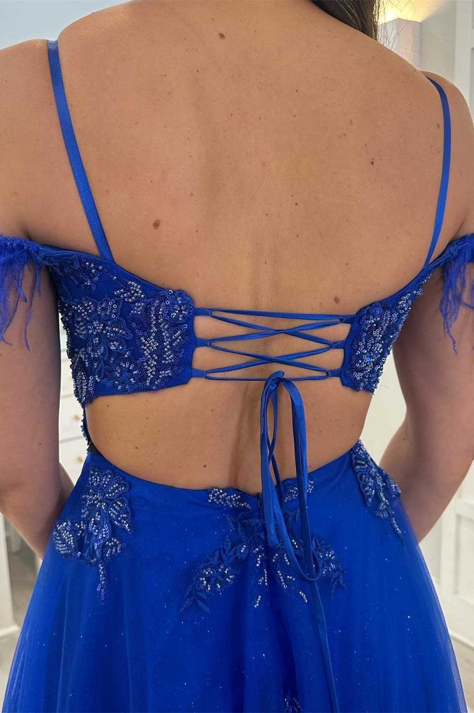 Royal Blue Feather Appliques Cold-Shoulder A-Line Prom Dress with Slit