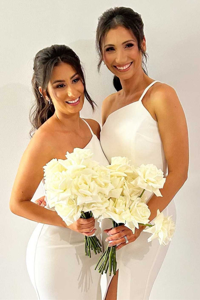 White One-Shoulder Sheath Long Bridesmaid Dress with Slit