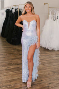 Light Blue Sequin Feather Strapless Mermaid Long Prom Dress