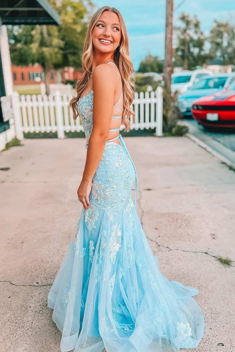 Light Blue Appliques Straps Lace-Up Mermaid Long Formal Dress