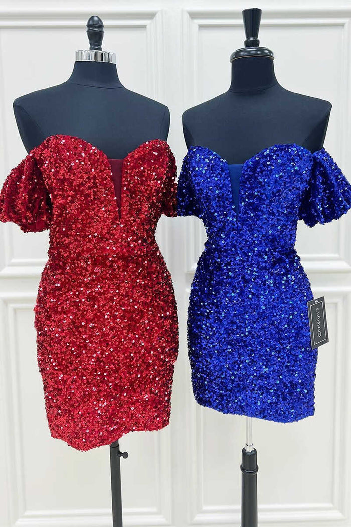 Sequin Strapless Puff Sleeve Short Homecoming Dress