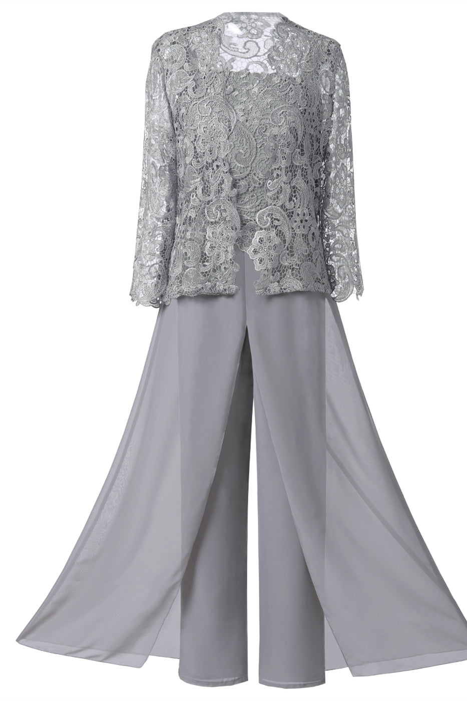Grey Three-Piece Lace Mother of the Bride Pant Suits