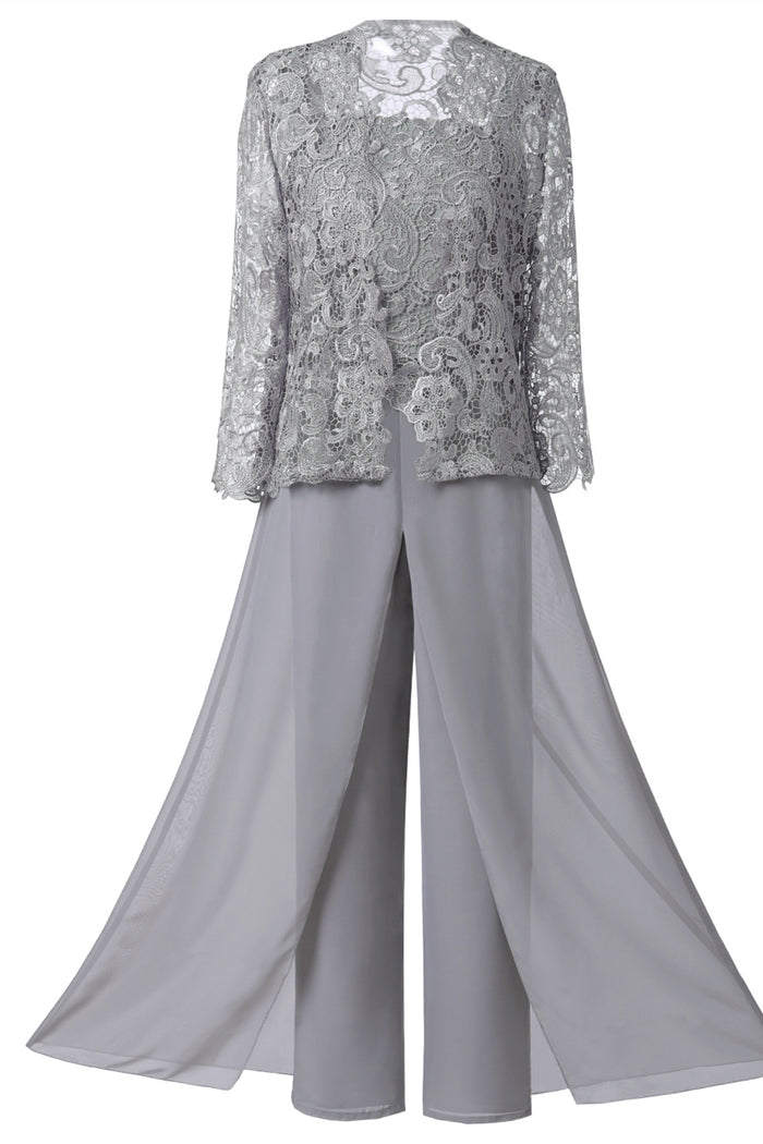 Grey Three-Piece Lace Mother of the Bride Pant Suits
