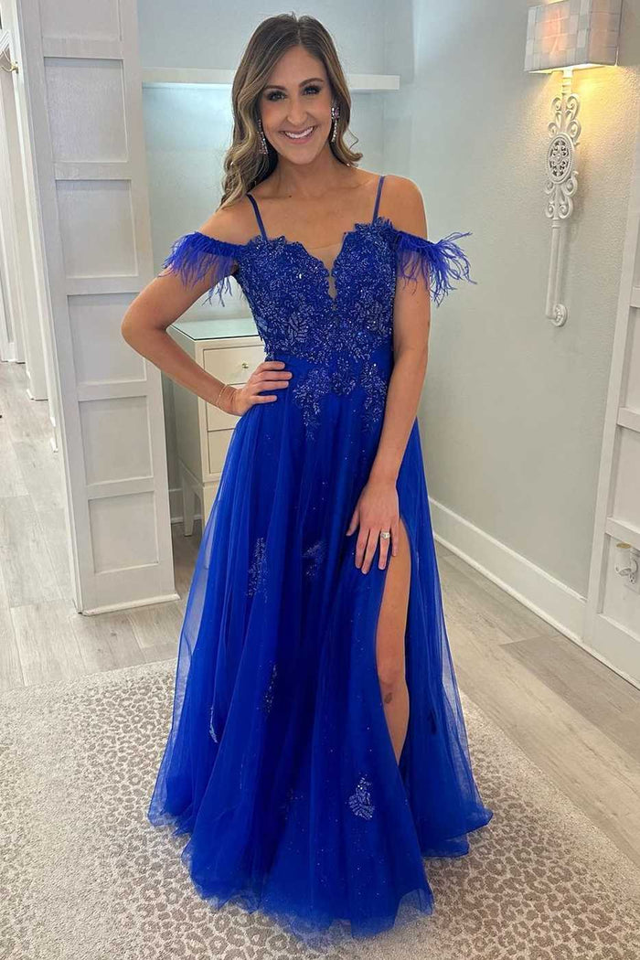 Royal Blue Feather Appliques Cold-Shoulder A-Line Prom Dress with Slit