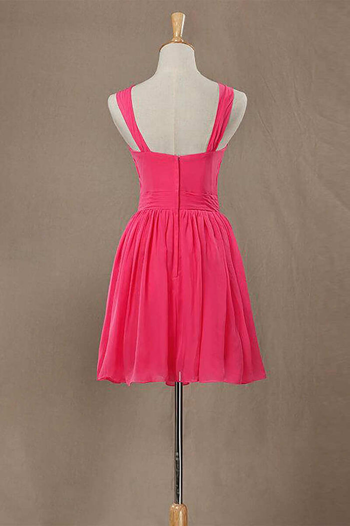 Neon Pink Halter Knee Length Bridesmaid Dress