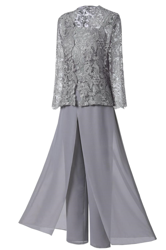 Grey Three-Piece Lace Mother of the Bride Pant Suits