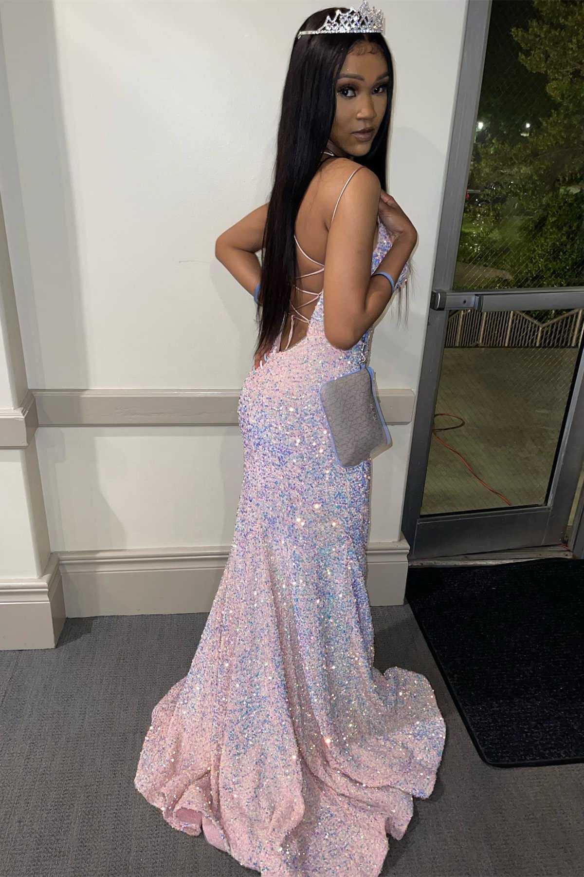 Pink Iridescent Sequin Lace-Up Mermaid Long Prom Dress