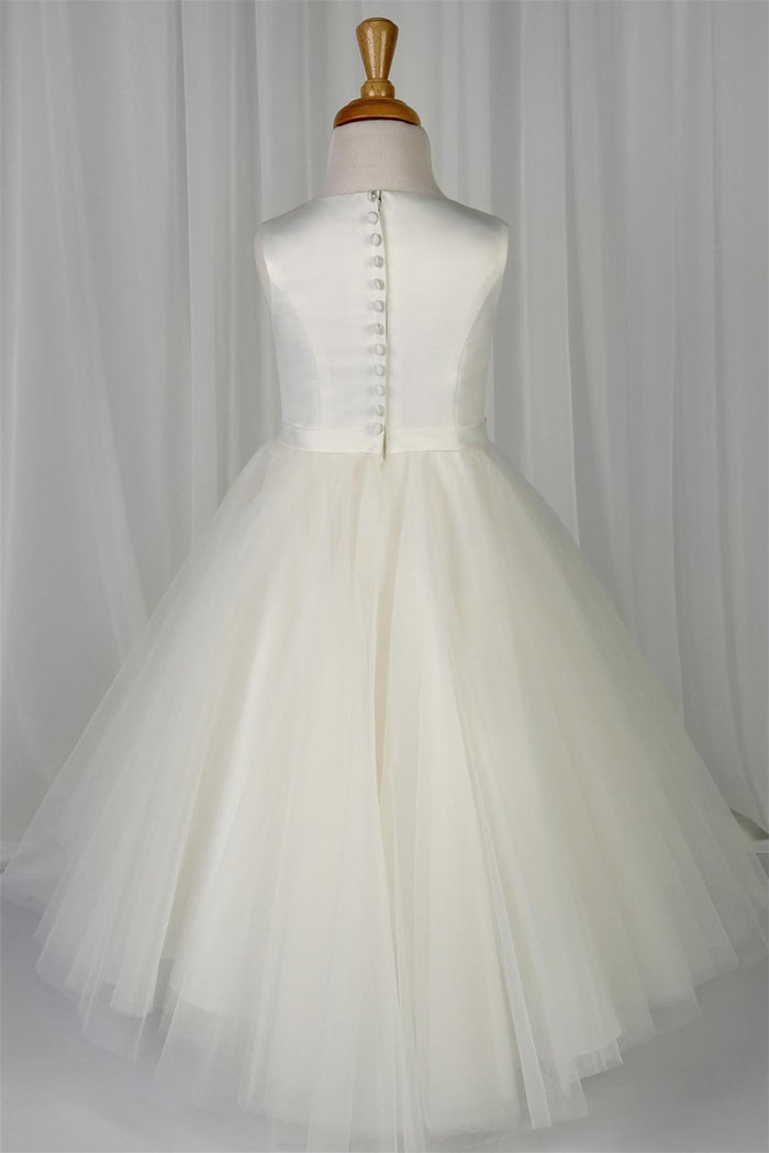 White Jewel Sleeveless Beaded Sash Long Flower Girl Dress with Buttons