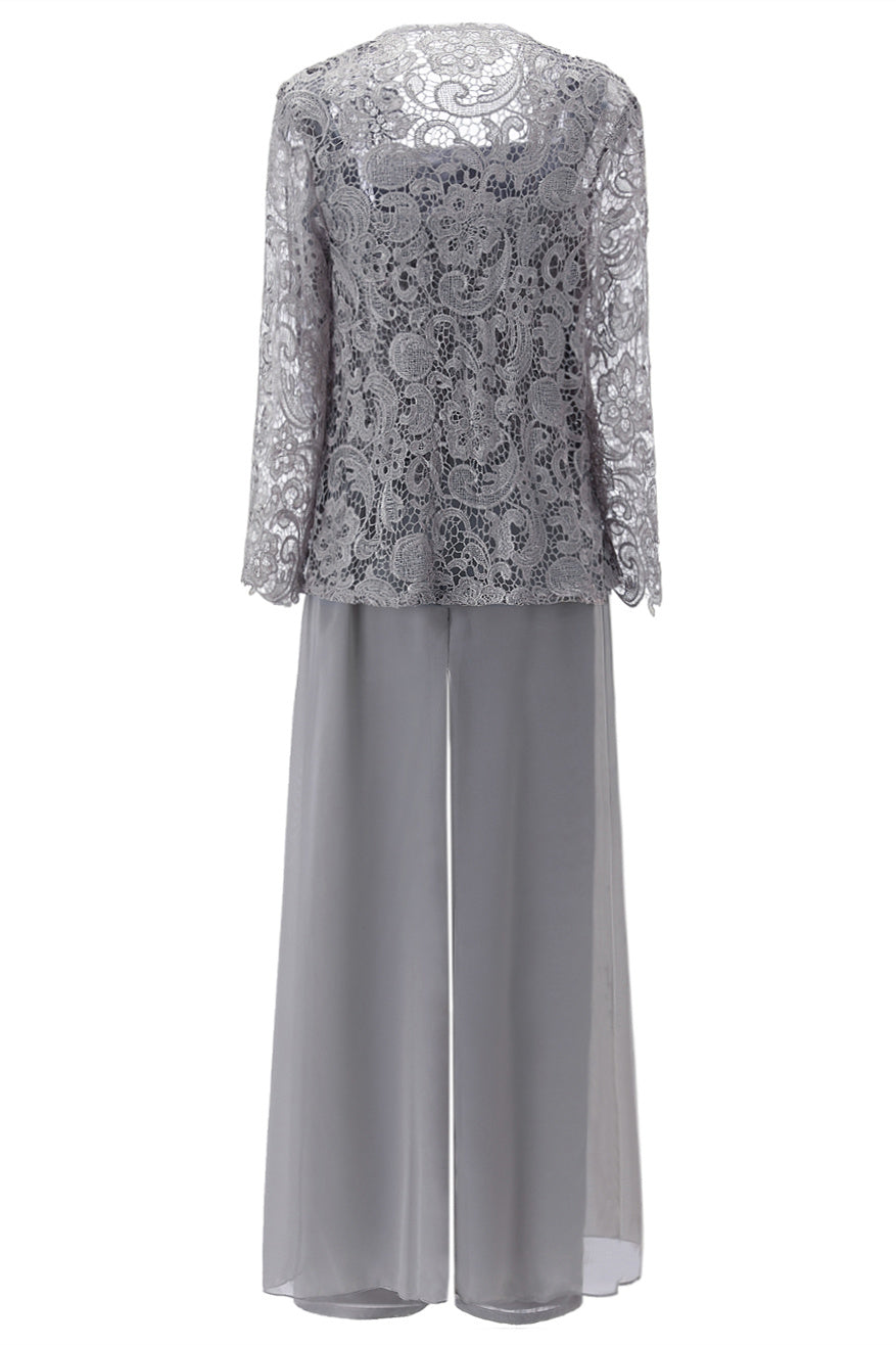 Grey Three-Piece Lace Mother of the Bride Pant Suits