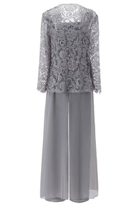 Grey Three-Piece Lace Mother of the Bride Pant Suits