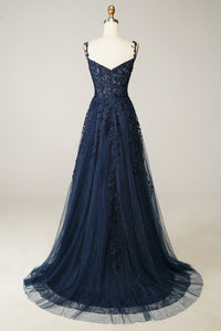 Aqua Tulle Floral Lace Off-the-Shoulder A-Line Prom Dress
