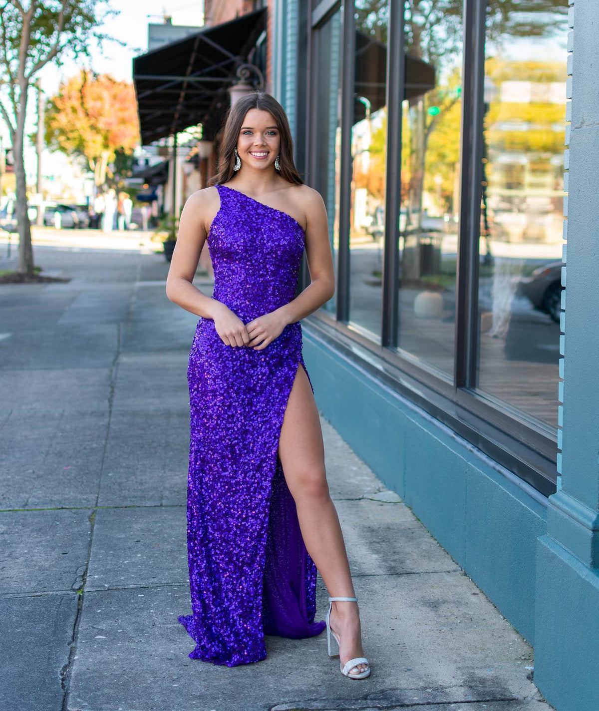 One Shoulder White Sequins Long Formal Gown