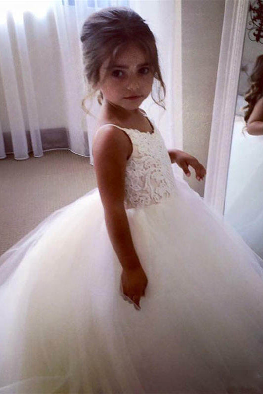 Cute A-Line Straps White Long Flower Girl Dress