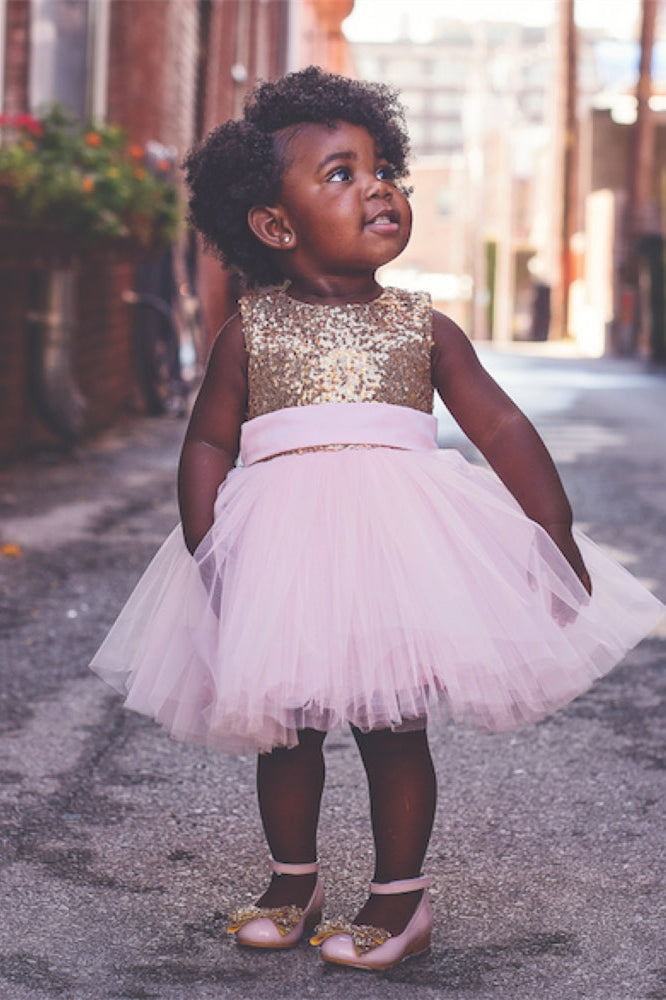 Cute Toddler Ball Gown Gold Sequins Pink Flower Girl Dress