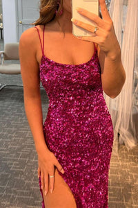 Fuchsia Sequins Mermaid Long Prom Dress with Slit