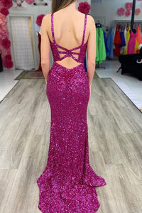 Fuchsia Sequins Mermaid Long Formal Dress with Slit