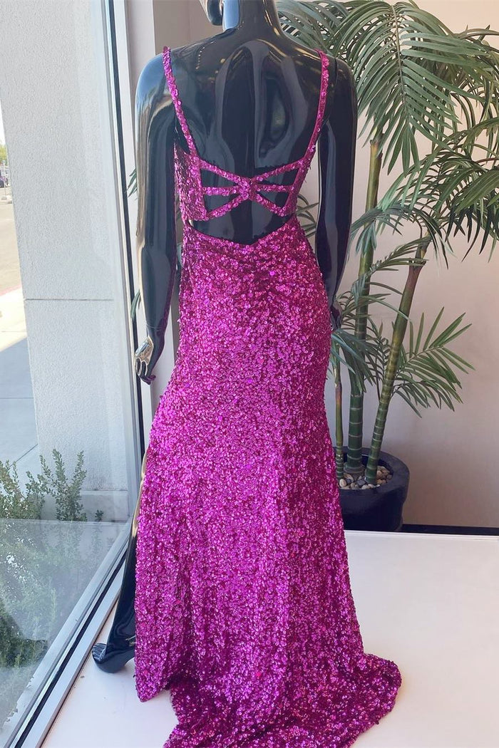Fuchsia Sequins Mermaid Long Formal Dress with Slit