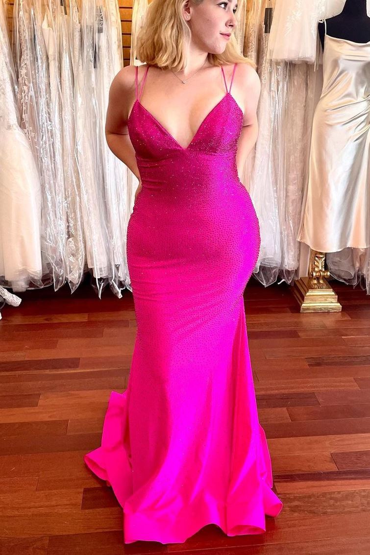 Sexy Mermaid Hot Pink Beaded Long Prom Dress