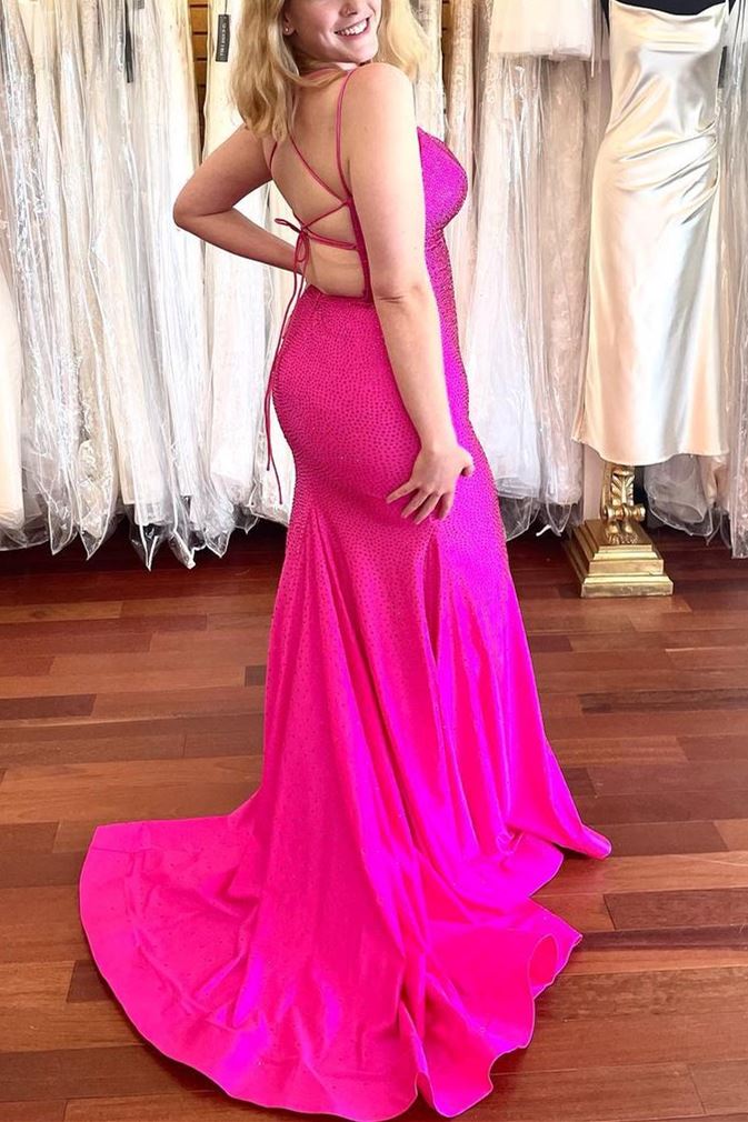 Sexy Mermaid Hot Pink Beaded Long Prom Dress