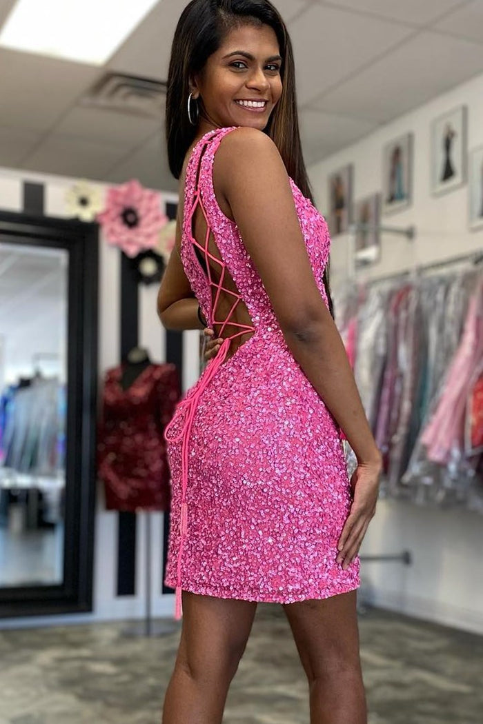 One Shoulder Hot Pink Mini Party Dress