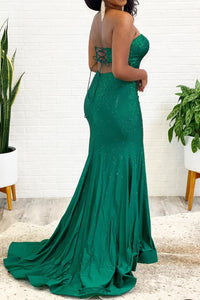 Strapless Green Mermaid Long Prom Dress with Slit