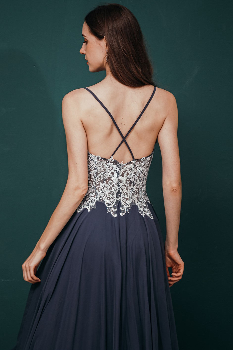 Navy A-line Chiffon Long Prom Dress with White Appliques