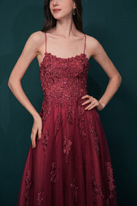 Burgundy A-line Lace Appliques Long Formal Dress