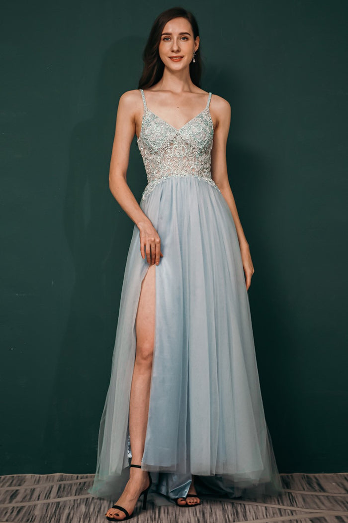 Light Blue Chiffon A-line Beaded Long Prom Dress