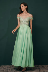 Off the Shoulder Mint Green Chiffon Long Prom Dress