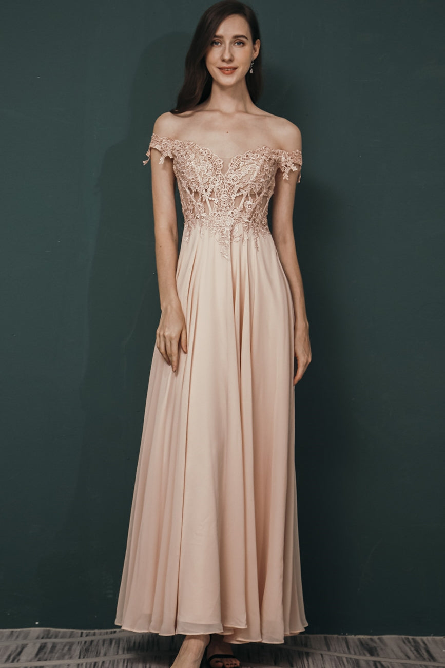 Off the Shoulder Mint Green Chiffon Long Prom Dress