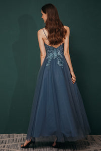 Navy Blue Appliques A-line Long Formal Gown