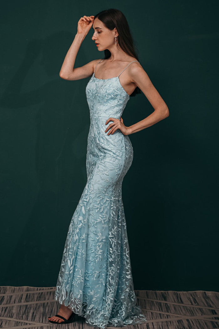 Mermaid Light Blue Appliques Long Prom Dress