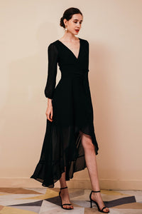 High Low Black Chiffon Long Sleeves Party Dress