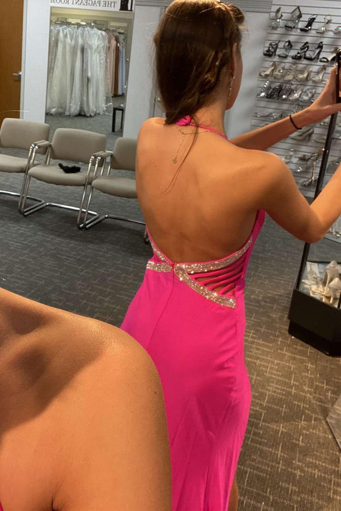 Hot Pink Mermaid Halter Long Formal Dress