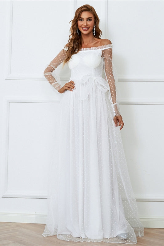 Casual Long Sleeves White Tulle Long Wedding Dress