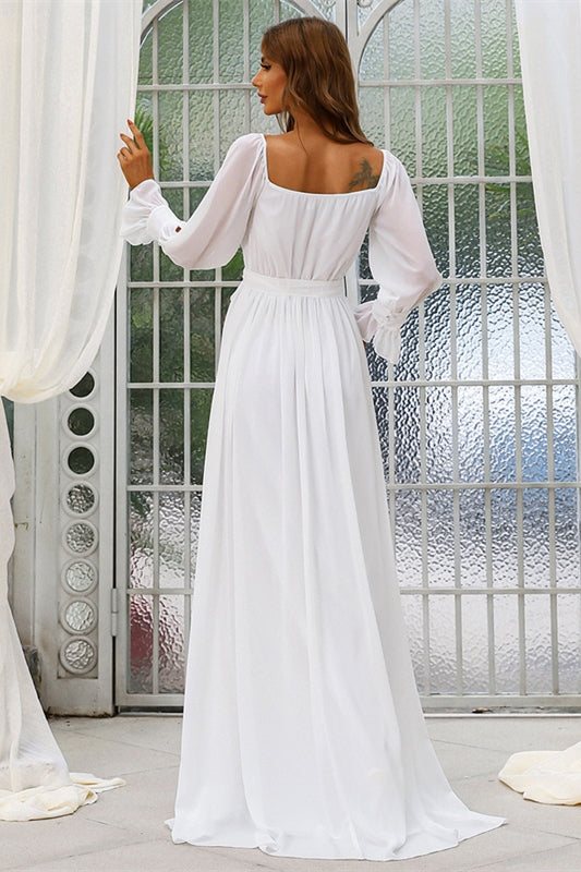 Simple White Chiffon Long Sleeves Boho Wedding Dress