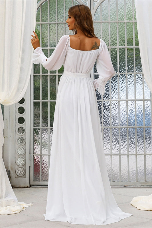 Simple White Chiffon Long Sleeves Boho Wedding Dress – Dreamdressy