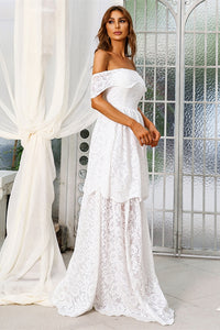 Off the Shoulder White Lace Layers Long Wedding Dress
