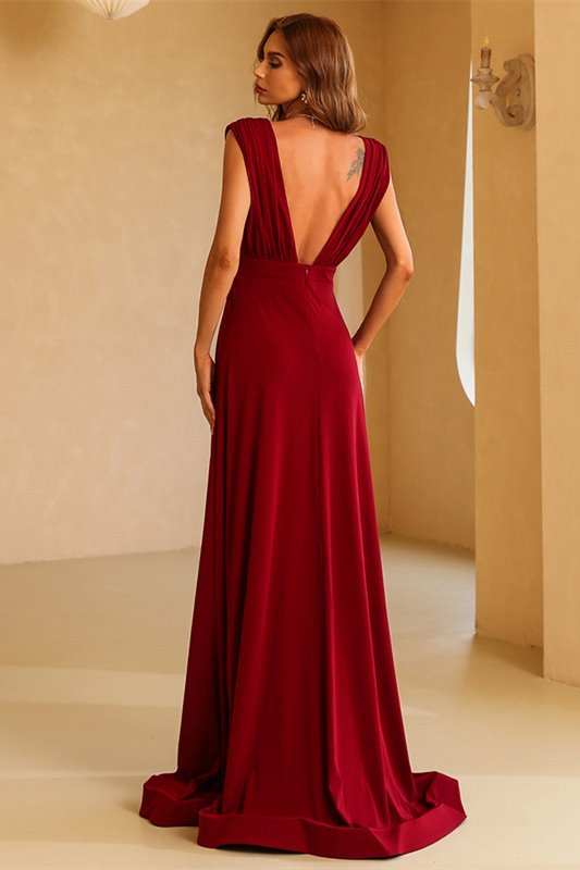 Sexy Red A-line Deep V Neck Long Party Dress – Dreamdressy