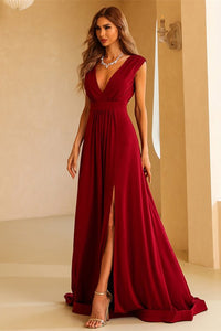 Sexy Red A-line Deep V Neck Long Party Dress