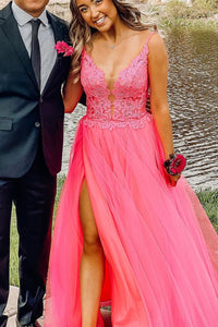 Hot Pink Princess A-line Lace and Tulle Prom Dress