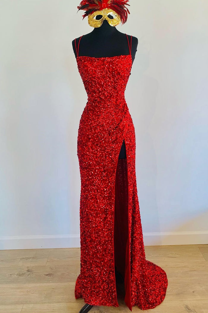Mermaid Red Sequin Long Prom Dress with Slit